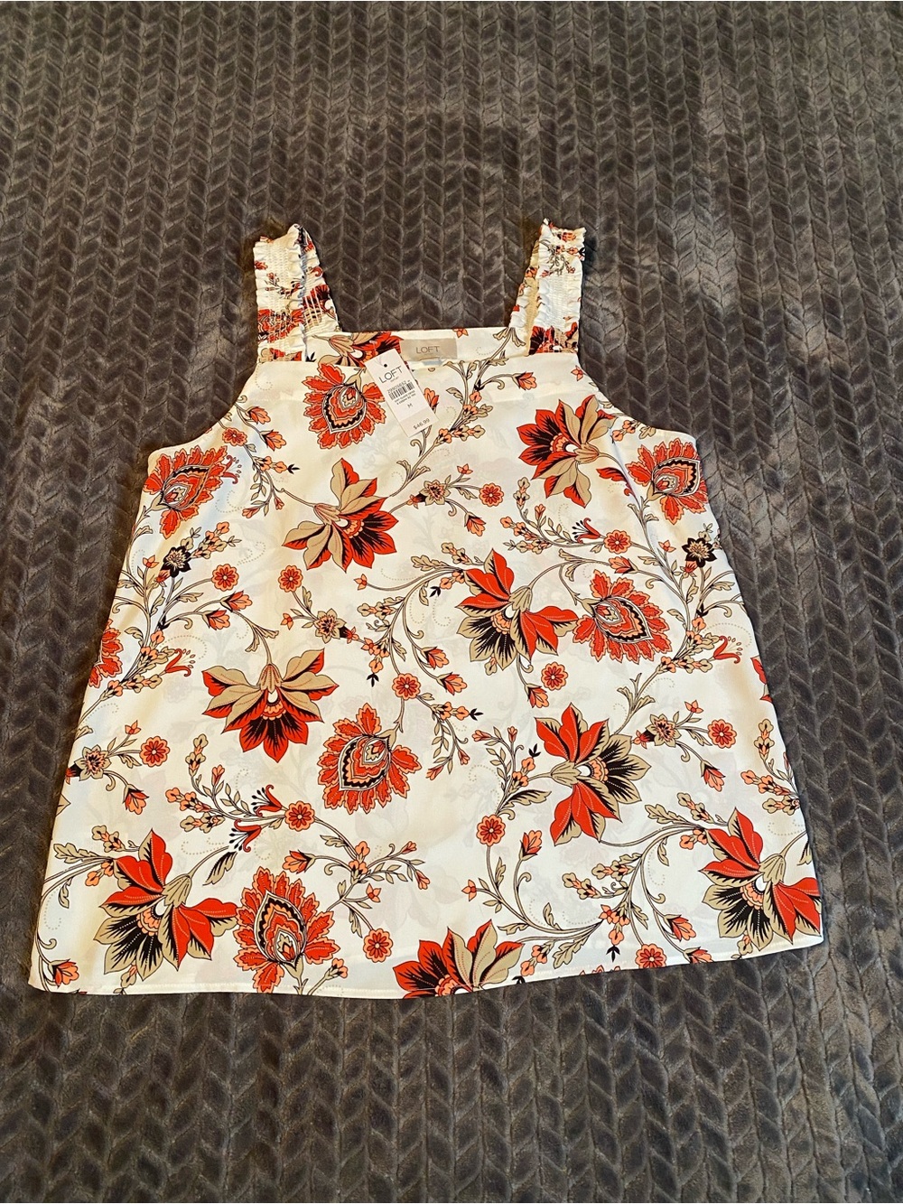 LOFT White Floral Tank Top with Orange and Tan Blooms